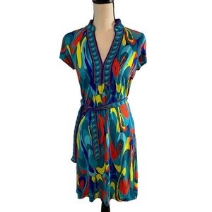 Trina Turk Multicolor Midi Dress With Tie Belt Size 4 Artsy Resortwear Summer